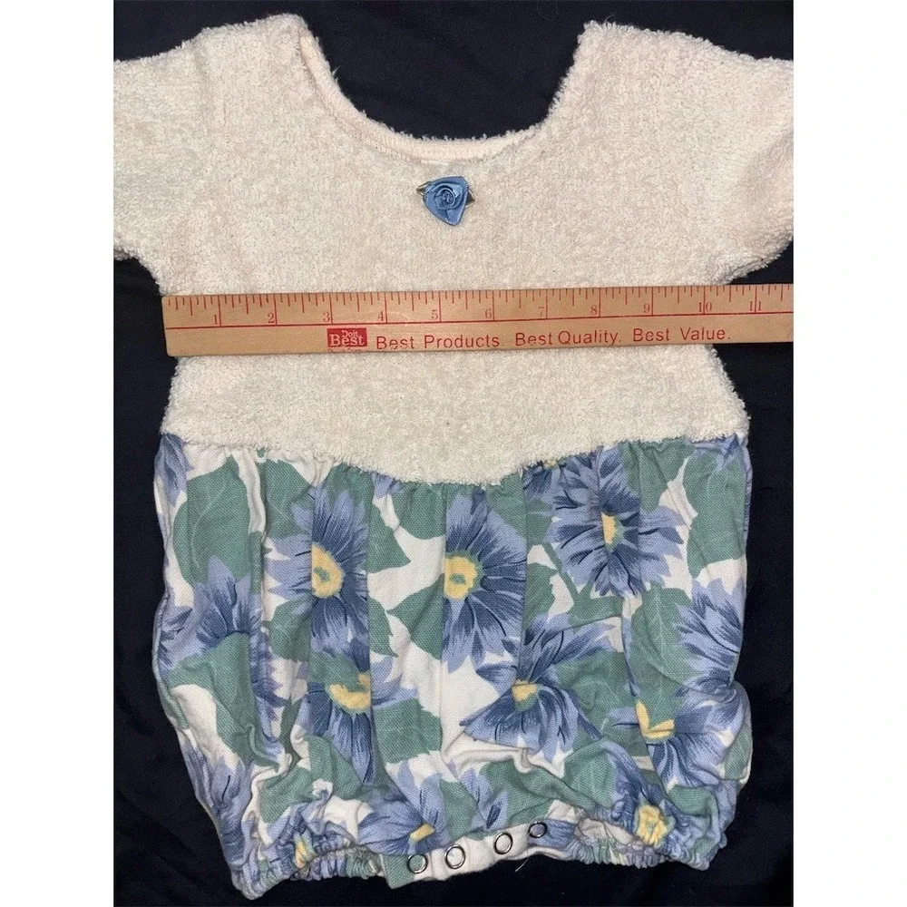 L.A. Baby Vintage Floral Bubble Romper 3-6 Months Cream Blue Daisy Cotton USA